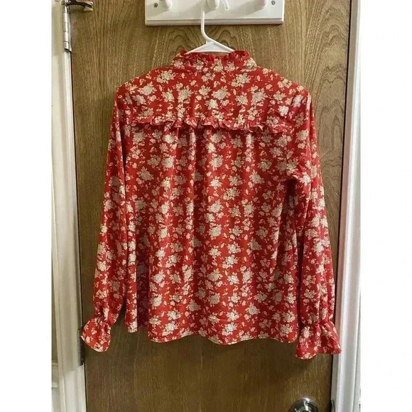 ZARA Red Floral Print Shirt Top Tied Ruffle Collar Long Sleeve Ruffle Trim Sz XS - Picture 7 of 8